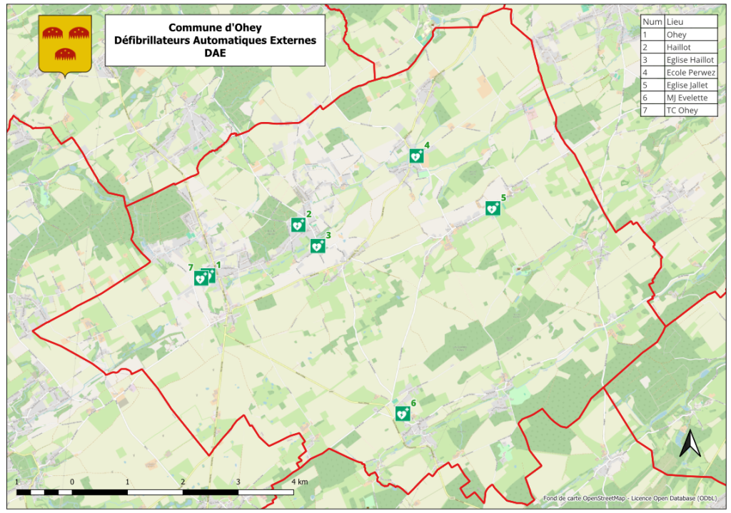 carte d'implantation des défibrillateurs à Ohey