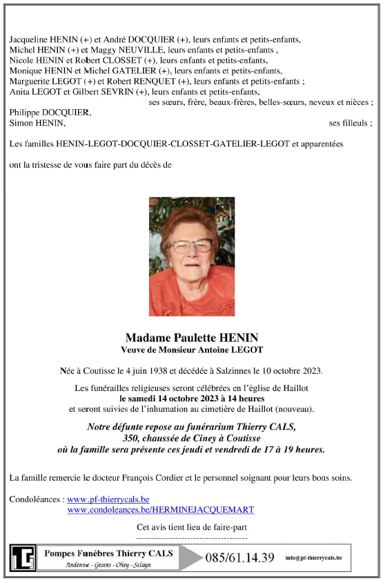 Faire-part décès Paulette Henin-10.10.2023