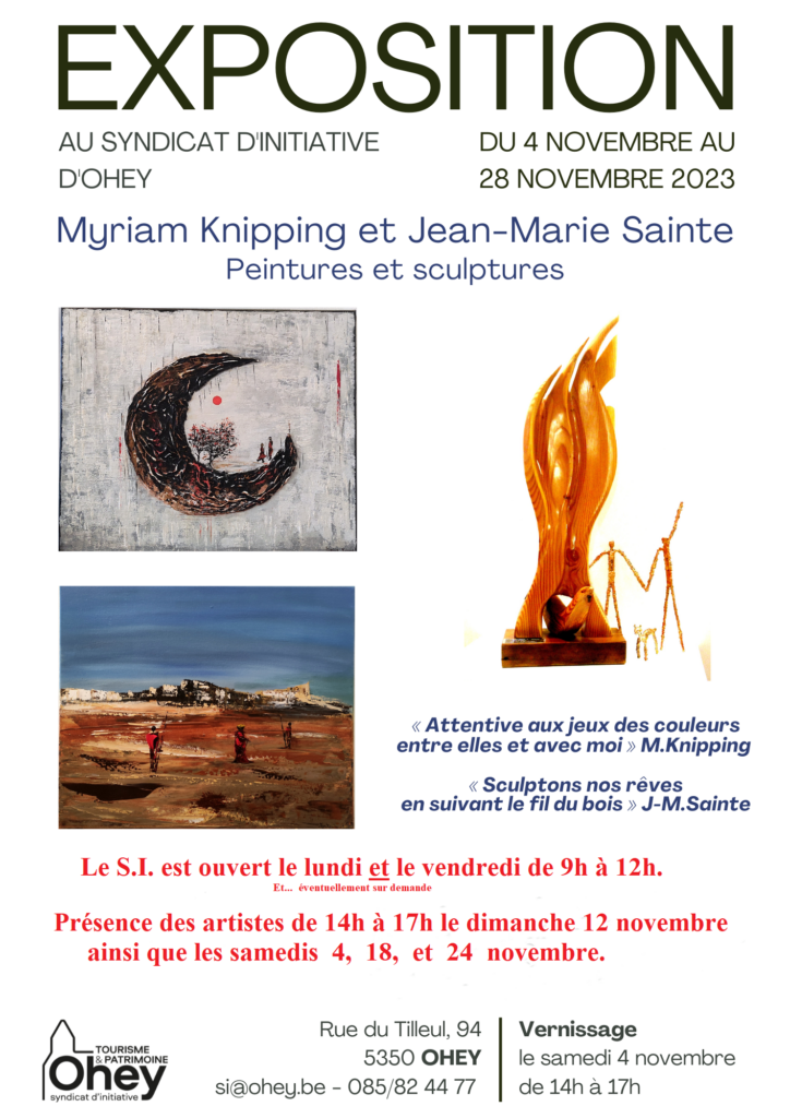 Affiche de l’exposition Peintures et Sculptures de Myriam Knipping et Jean-Marie Sainte qui aura lieu au Syndicat d’Initiative du 04 novembre au 28 novembre 2023.jpg