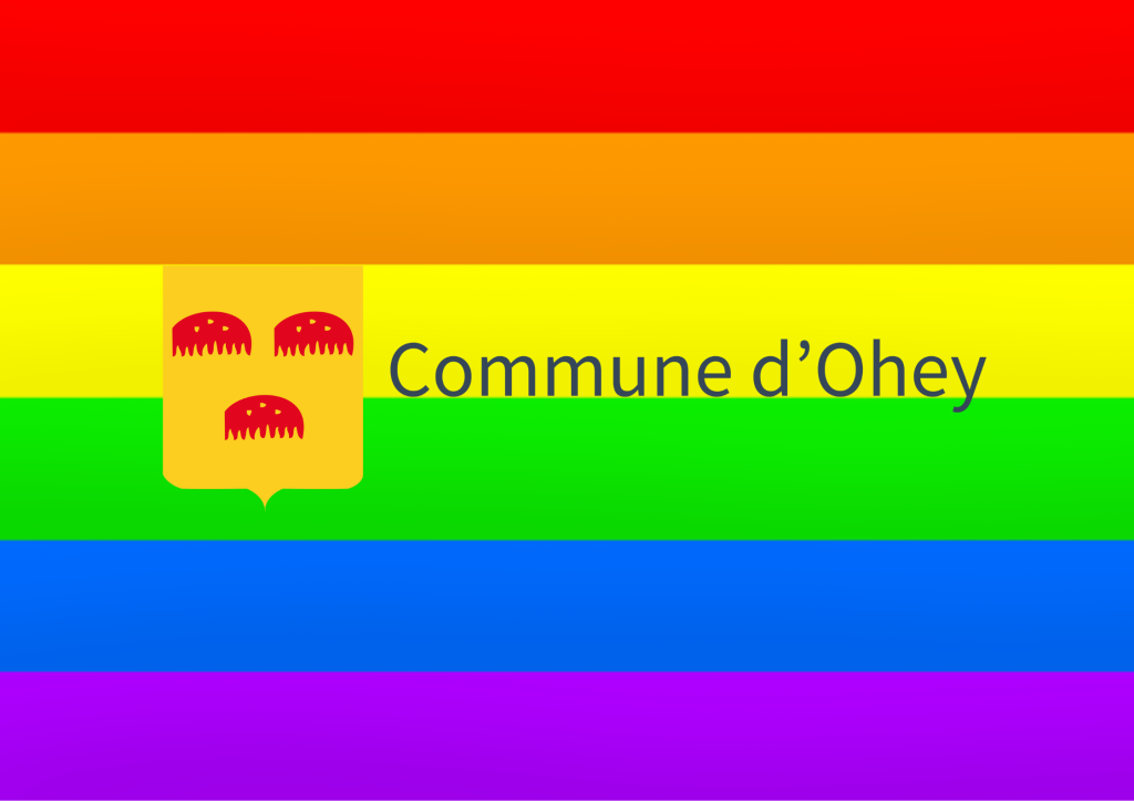 Le blason d'Ohey inséré le drapeau arc-cen-ciel LGBT