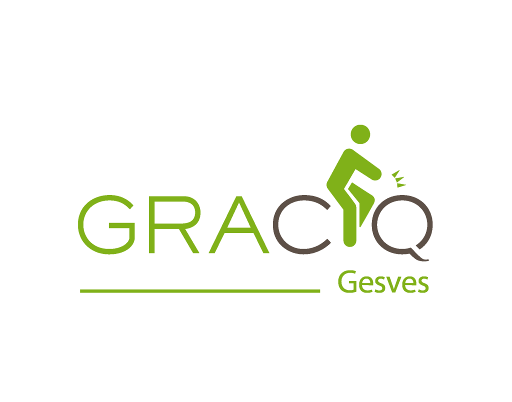 logo GRACQ Gesves ; un cycliste inséré dans les lettres du Gracq entre le "c" et "q"