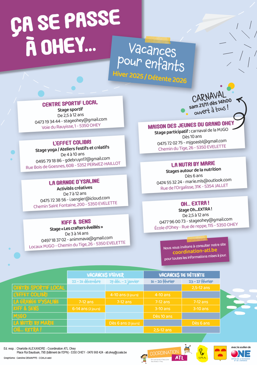 Programme de l'Accueil Extra Scolaire durant les vacances d'hiver et de détente