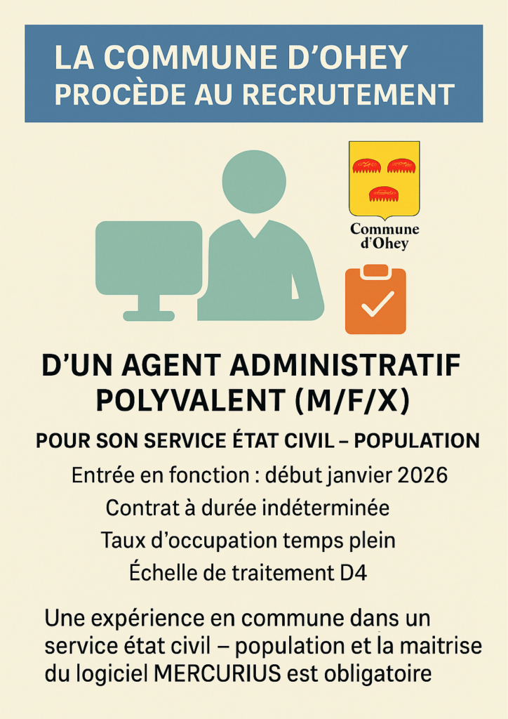 Visuel offre d'emploi pour AGENT ADMINISTRATIF POLYVALENT (m/f/x) POUR SON SERVICE ETAT CIVIL  POPULATION