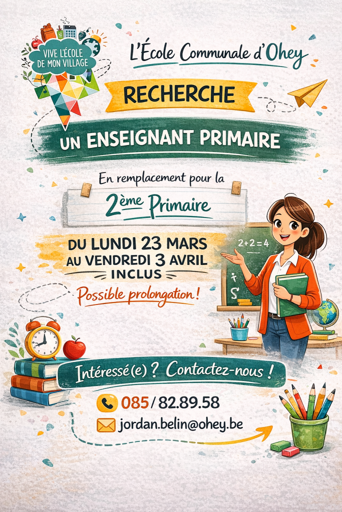 recherche d’un· e enseignant· e pour un remplacement à l’école d’Ohey