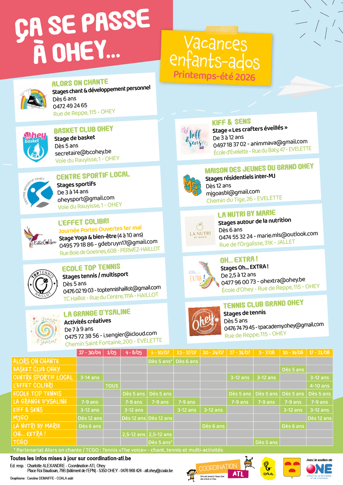 Programme de l'ATL pour les vacances de printemps