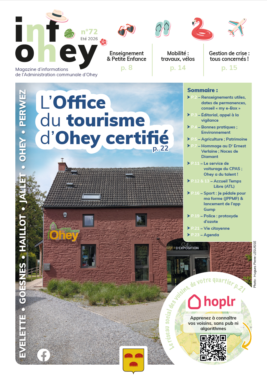 https://www.ohey.be/wp-content/uploads/2026/06/Magazine-Ohey-72-Ete-2026_LOW_9-3.pdf Couverture du bulletin communal "Inf'Ohey n°72 - Été 2026"