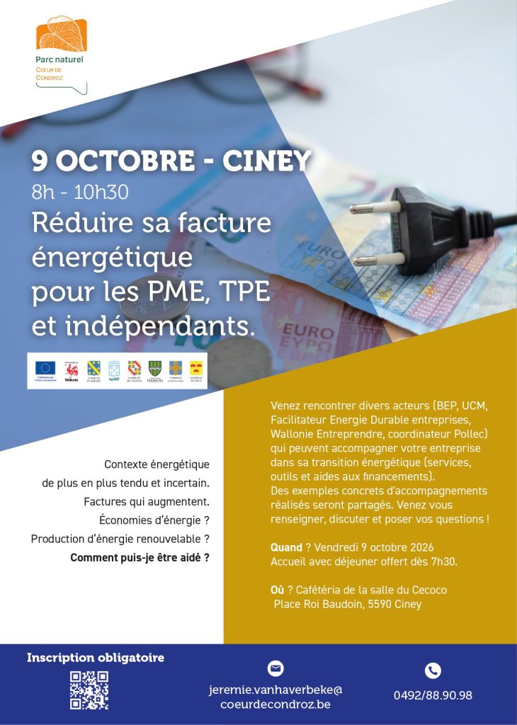 Le Parc naturel organise un déjeuner-rencontre pour les PME/TPE/indépendants du territoire autour du thème de la réduction des factures énergétiques le vendredi 9 octobre prochain à la cafétéria de la salle Cecoco à Ciney.