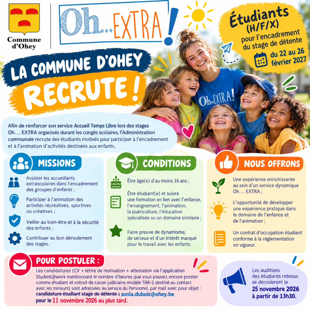 LA COMMUNE D’OHEY RECRUTE Étudiants (H/F/X) pour l'encadrement du stage de détente