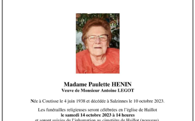 PAULETTE HENIN  S’EN EST ALLÉE – Registre de condoléances à l’Administration communale