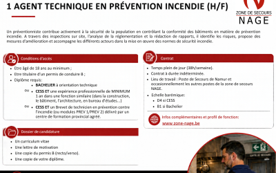 Recrutement d’un Agent Technique en Prévention incendie (niveau D4 ou B1) pour la Zone de secours NAGE (H/F) – Contrat à durée indéterminée